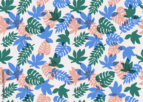 Seamless tropical pattern. Tropical plants and palm leaves in coral, teal and blue colors. Floral background. Fashion print for textile, fabric, covers, wallpapers, print, gift wrap