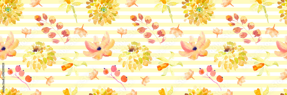 Fototapeta premium Yellow summer flowers seamless pattern with beautiful orange floral illustrations for creating of wedding card, boho vintage invitation, poster and web banner background.