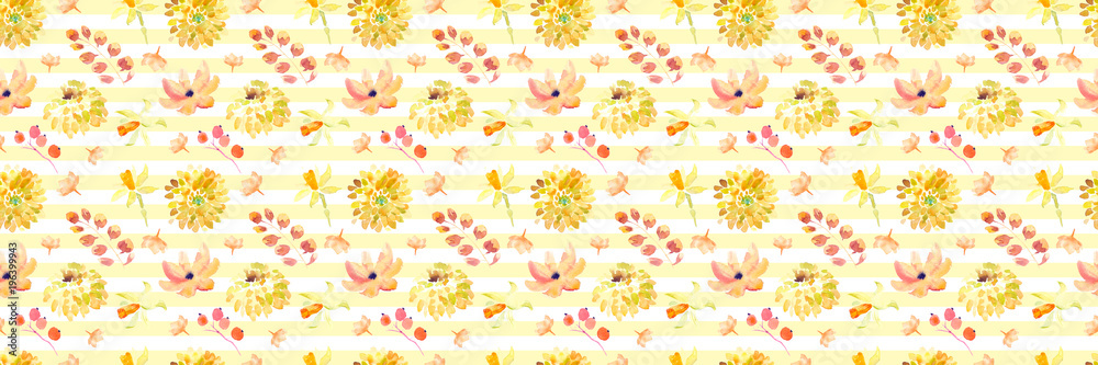 Yellow summer flowers seamless pattern with beautiful orange floral illustrations for creating of wedding card, boho vintage invitation, poster and web banner background.