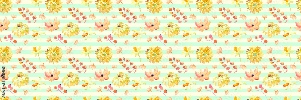 Yellow summer flowers seamless pattern with beautiful orange floral illustrations for creating of wedding card, boho vintage invitation, poster and web banner background.