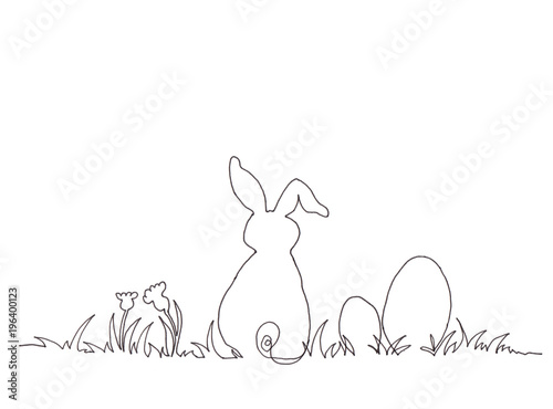 Osterhase im Gras sitzend mit Eiern und Blumen gezeichnet