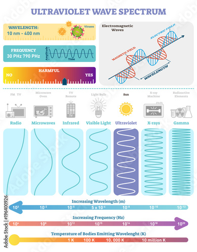 Electromagnetic Waves: Ultraviolet Wave Spectrum. Vector illustration diagram with wavelength, frequency, harmfulness and wave structure. 