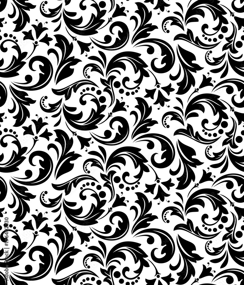 Floral pattern. Wallpaper baroque, damask. Seamless vector background. White and black ornament