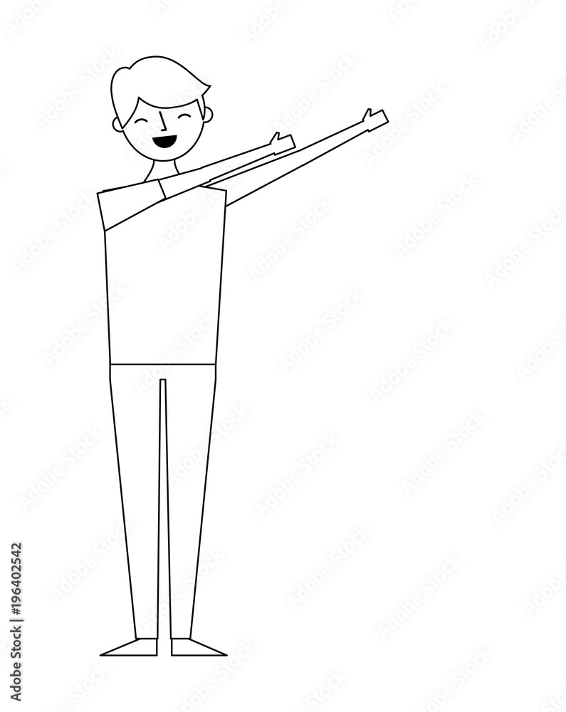 Obraz premium young man standing arms up gesturing vector illustration outline design