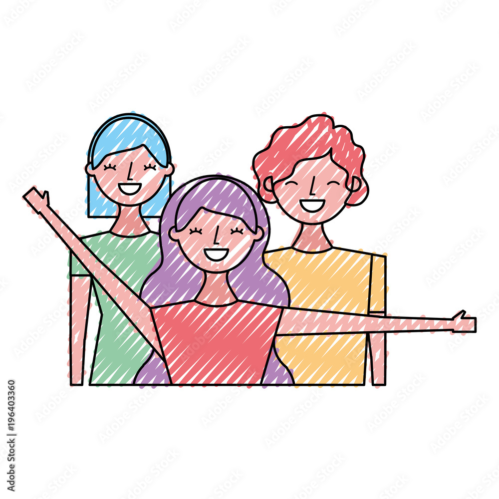 group of three happy friends boys and girls cartoon vector illustration  drawing color design Stock Vector | Adobe Stock