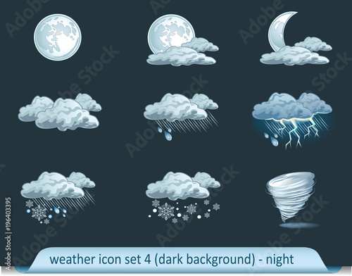 Vector weather forecast icons with dark background. Night