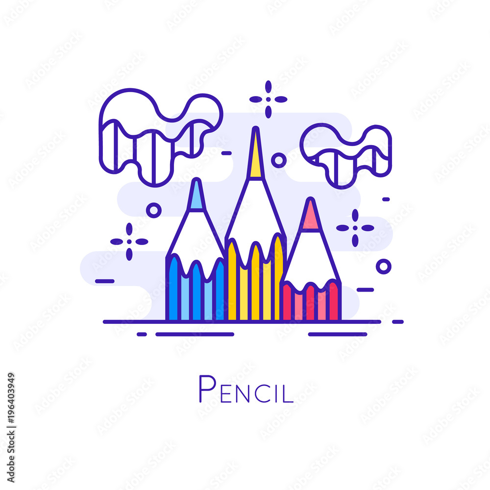 Icon with color pencils and chips on white background. Thin line flat design. Vector banner.