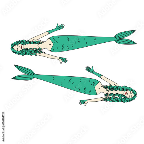 Two mermaids with green hair