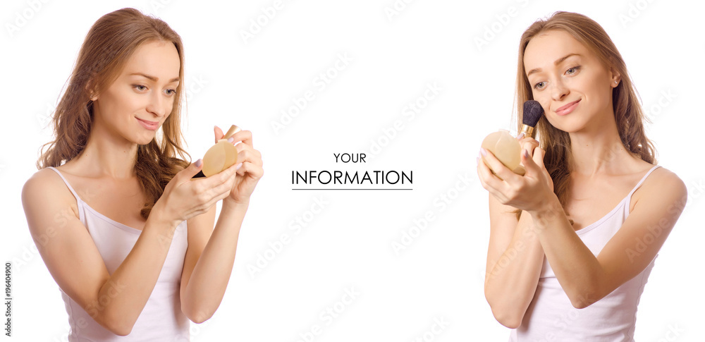 Beautiful young woman with blush brush in hands beauty makeup set pattern Beautiful young woman with blush brush in hands beauty makeup set pattern