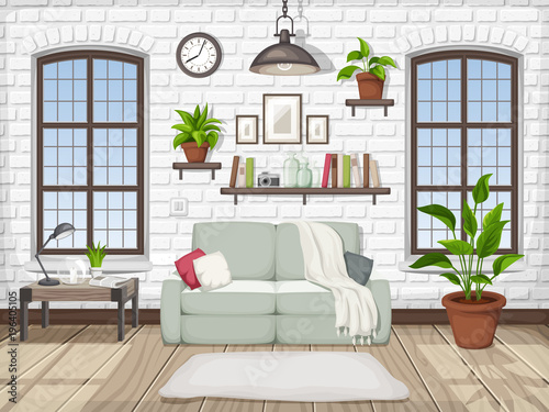 Vector loft living room interior with a white brick wall and big windows.