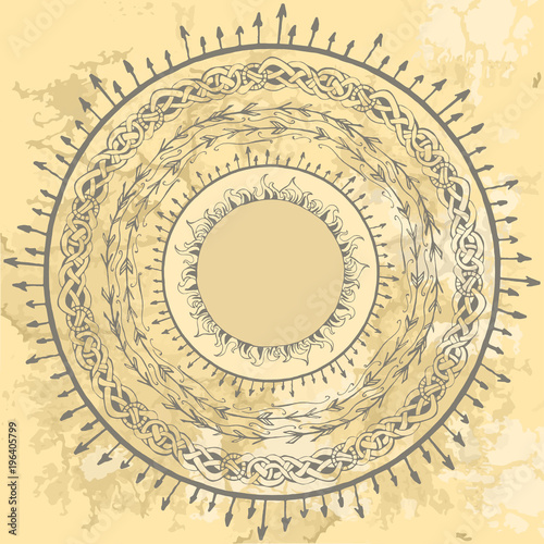 set of stylized round frameworks from hand drawing Scandinavian Viking motifs, folk ornamental borders