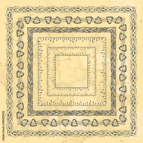 set of square stylized frameworks from hand drawing Scandinavian Viking motifs, folk ornamental borders