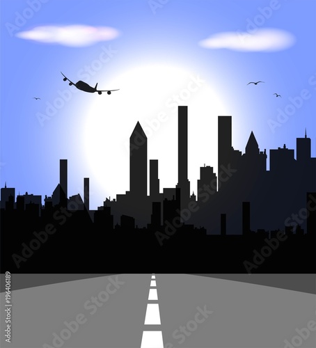 Imaginary city skyline with skyscrapers and airplane in the background