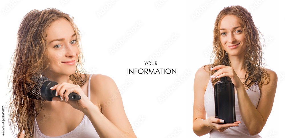 Beautiful young woman with hair comb and bottle shampoo in hands beauty set pattern Beautiful young woman with hair comb and bottle shampoo in hands beauty set pattern