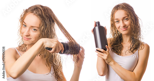 Beautiful young woman with hair comb and bottle shampoo in hands beauty set