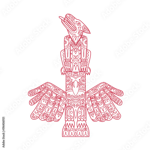 Doodle art illustration of a wolf and eagle totem pole, a type of Northwest Coast art, consisting of poles, posts or pillars, with symbols or figures on top of each other done in mandala style.