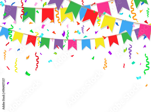 Party background with colorful flags and confetti. Party flags on white background. Vector illustration