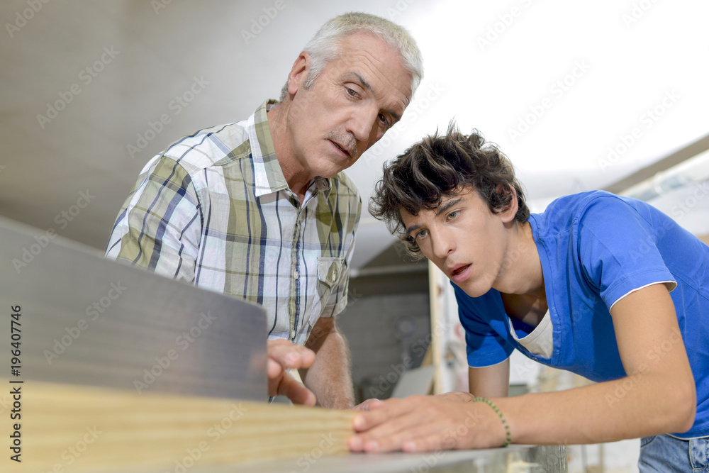 Fototapeta premium Senior carpenter training apprentice