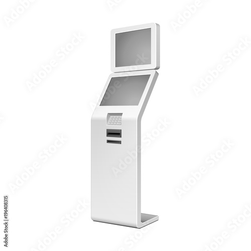 Outdoor White. Payment Terminal. ATM, POS, POI Advertising Stand On White Background. 3D Mock Up, Template. Illustration Isolated On White Background. Vector EPS10