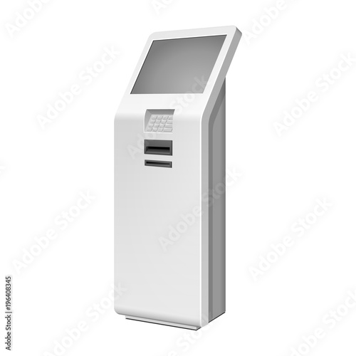 Outdoor White. Payment Terminal. ATM, POS, POI Advertising Stand On White Background. 3D Mock Up, Template. Illustration Isolated On White Background. Vector EPS10