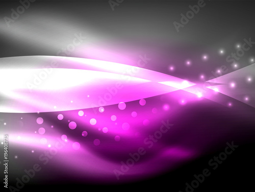 Neon wave background with light effects, curvy lines with glittering and shiny dots, glowing colors in darkness, magic energy