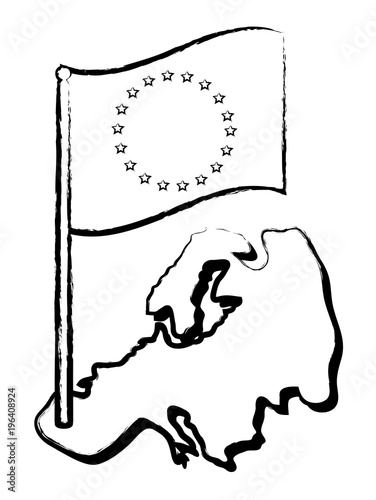 sketch of european union flag and map icon over white background, vector illustration