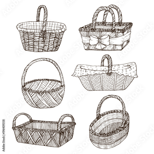 Hand drawn picnic basket collection isolated on white background. Sketch illustration of empty bamboo baskets in sketch style.