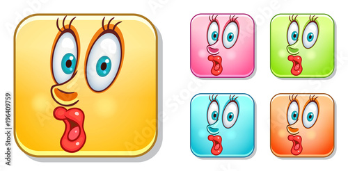 Surpised female Emoji face. Emoticons collection. Colorful smiley set. Avatar symbol, internet message or chat icon, sign for web mobile app, logo, label, patch, sticker.