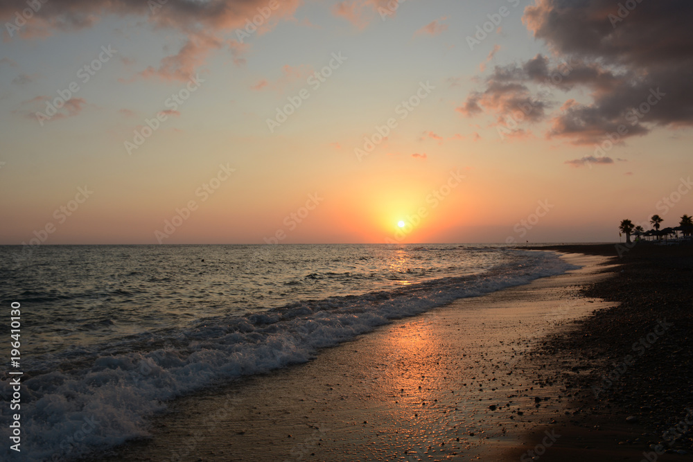 Sea sunset. Sunny path at dusk. Palms on coast