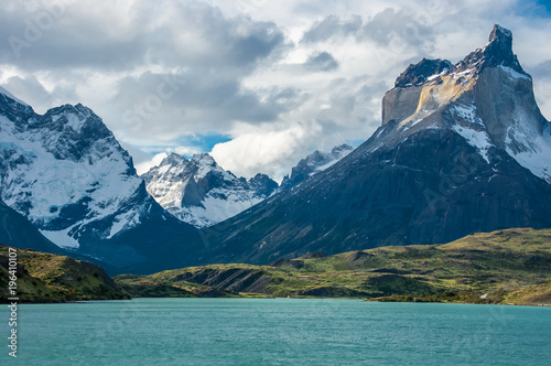 Close-up of towering peaks - iconic Cuernos del Paine, Chile.
