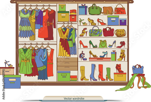 Vector wardrobe with various shoes, bags and clothes