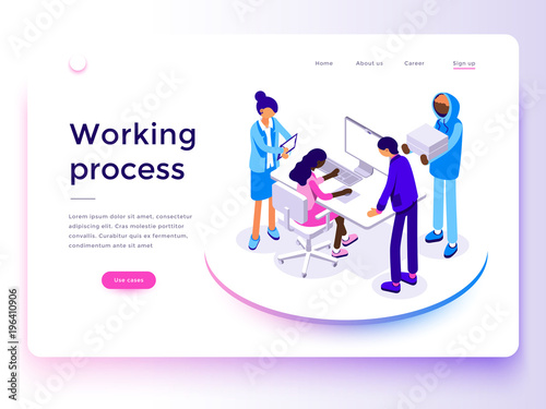 People work in a team and achieve the goal. Business processes and office situations. Landing page template. 3d vector isometric illustration.