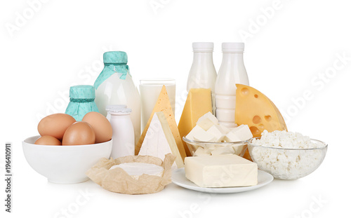 Fresh dairy products and eggs on white background