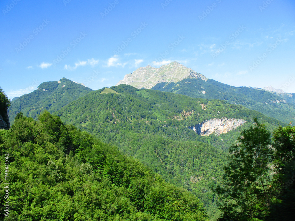 Mountain landscape panorama, green slopes of mountain, beauty of nature