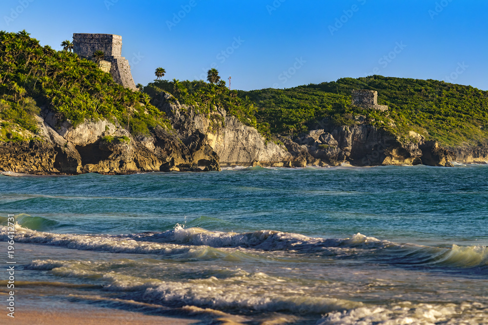 Mexico. The Mayan city of Tulum seen from the seaside. There are the Castle (left) and Temple of the God of Wind (right)