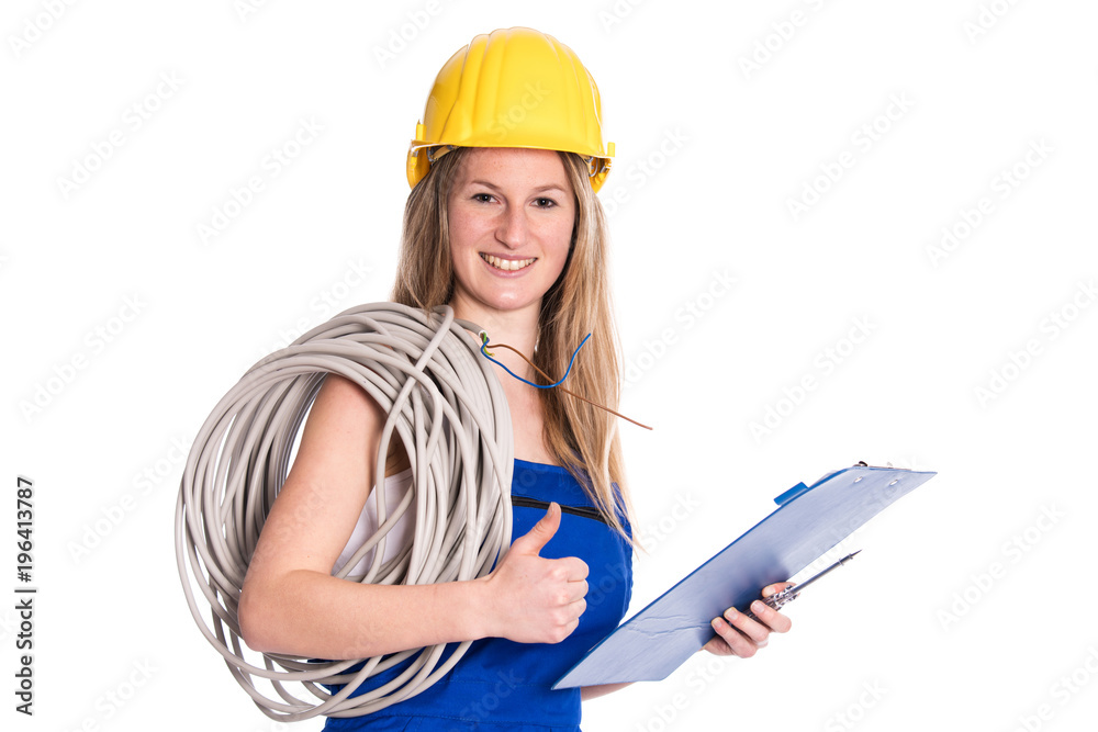 Junge Elektrikerin in Arbeitskleidung, Junge Elektrikerin in Arbeitskleidung,