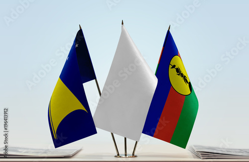 Flags of American Samoa and New Caledonia with a white flag in the middle photo