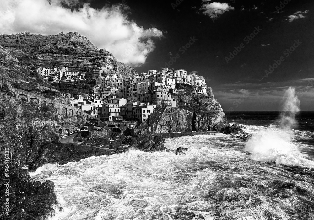 View on Manarola in black and white