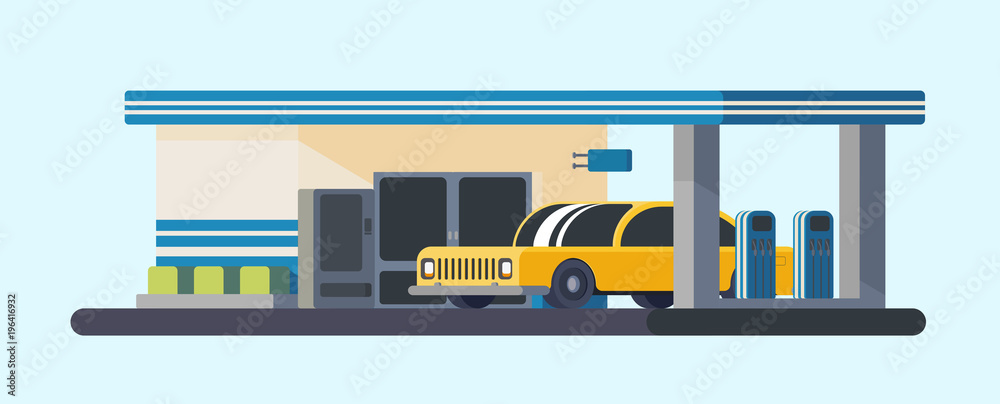 Gas station with orange car. Vector illustration