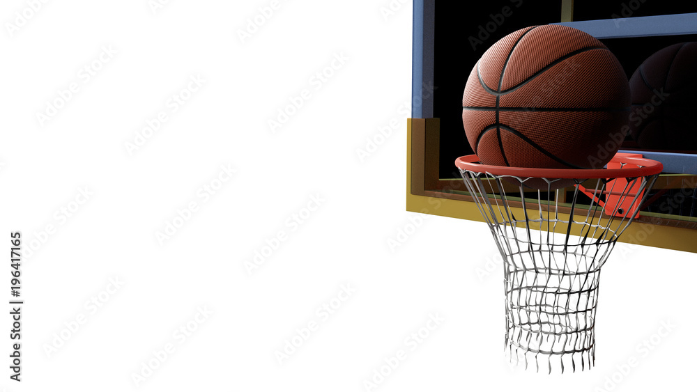 Basketball going into hoop on white isolated background. Sport and Competitive game concept. 3D illustration.