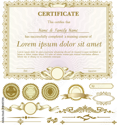 Gold horizontal certificate template with additional design elements