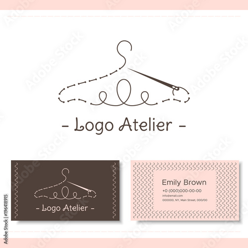 Branding for the fashion designer, Atelier, wedding boutique, women's clothing store, studio sewing and tailoring. Logo, business card. Stylized hanger from thread and needle
