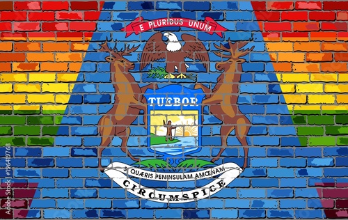 Brick Wall Michigan and Gay flags - Illustration,
Rainbow flag on brick textured background, 
Abstract grunge Michigan Flag and LGBT flag