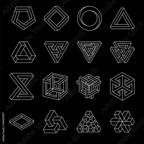 Set of impossible shapes. Optical Illusion. Vector Illustration isolated on white. Sacred geometry. White lines on a black background.