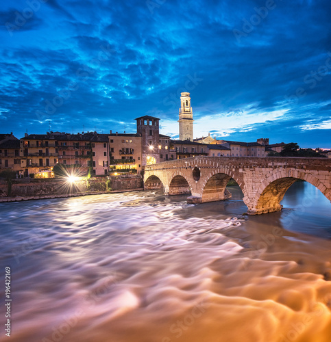 The famous roman Ponte Pietro bridge in Verona, Italy