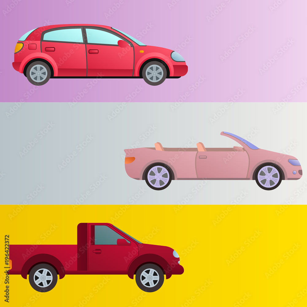 Car auto vehicle banner transport type design travel race model technology style and generic automobile contemporary kid toy flat vector illustration.