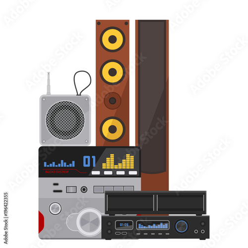 Acoustic sound system stereo flat vector music loudspeakers player subwoofer equipment technology.