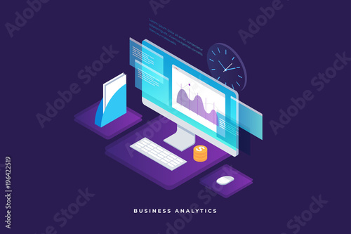 Business strategy and planning. Data and investments. Business success. Computer monitor with infographic elements. Design for presentation, landing page. 3d isometric flat design. Vector illustration