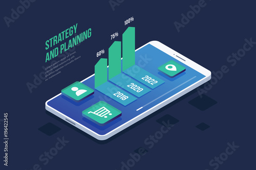 Concept business strategy. Project planning, sales and financial report. Success in business. Smartphone with icons and growth chart. 3d isometric flat design. Colorful infographic vector element.