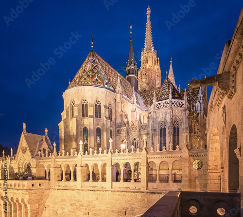 Mathias Church with the fishermen's bastion in Budapest in dusk